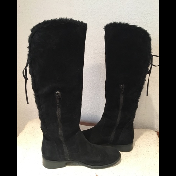 Black suede leather boots with leather lacings up the back and zippers at ankle - Picture 2 of 3